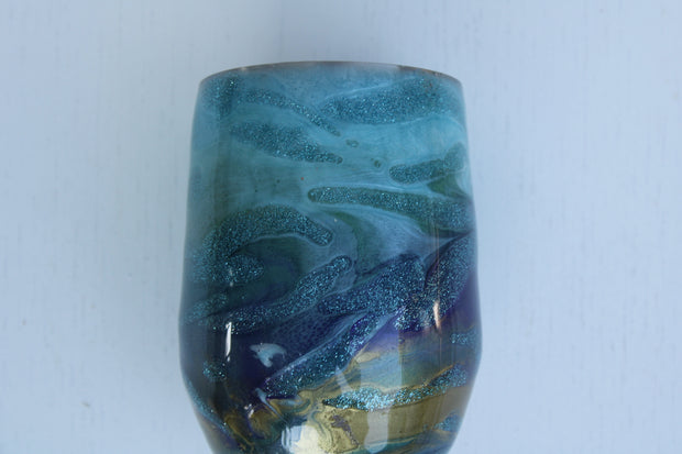 Tumbler Wine glass Stemless 12 ounce we've called (Blue Ghost). Stainless Steel cup painted and epoxied in layers of beautiful colors.