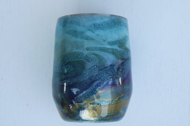Tumbler Wine glass Stemless 12 ounce we've called (Blue Ghost). Stainless Steel cup painted and epoxied in layers of beautiful colors.