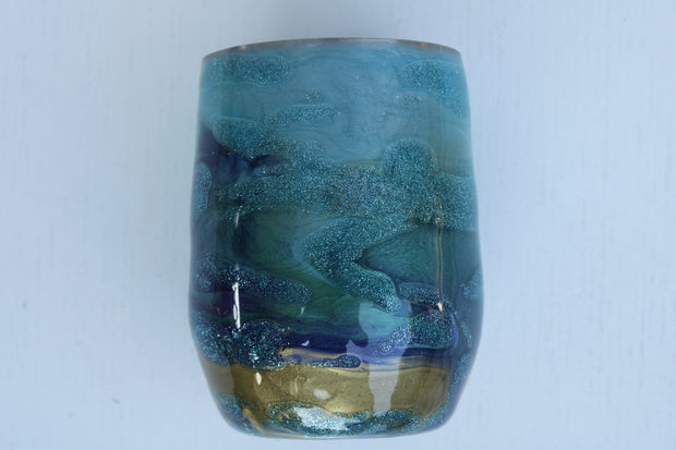 Tumbler Wine glass Stemless 12 ounce we've called (Blue Ghost). Stainless Steel cup painted and epoxied in layers of beautiful colors.