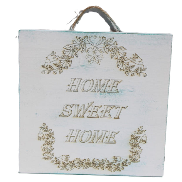 Sign Home Sweet Home. 12x10x1 inches. Twine rope hanger. Painted rustic white