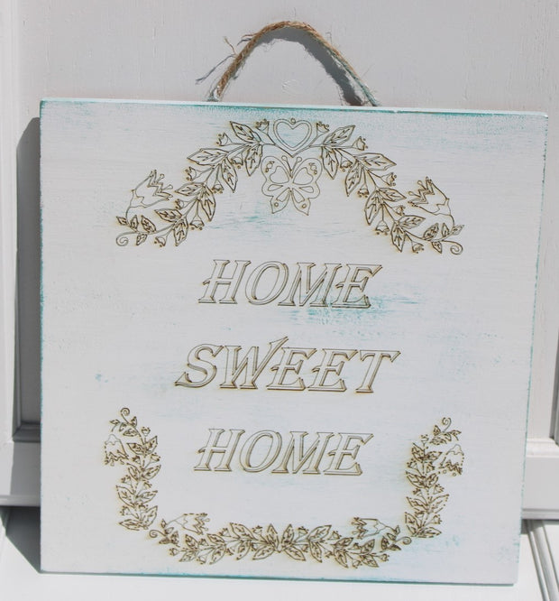 Sign Home Sweet Home. 12x10x1 inches. Twine rope hanger. Painted rustic white