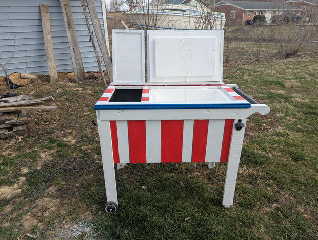 Cooler box all American with wheels bottle opener and towel hook