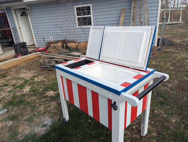 Cooler box all American with wheels bottle opener and towel hook