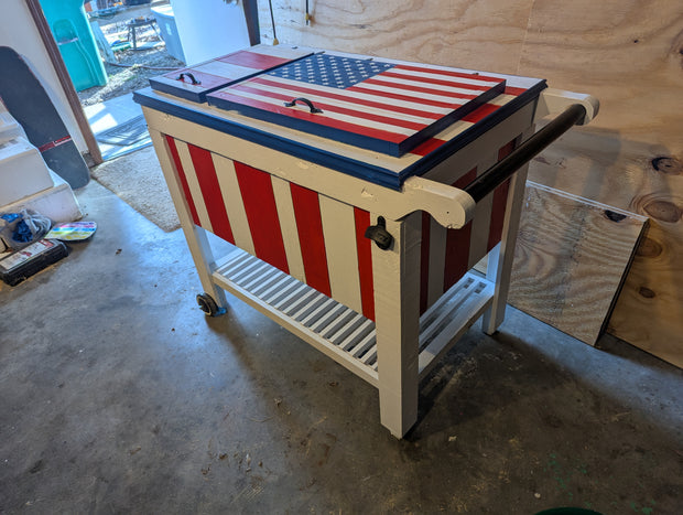 Cooler box all American with wheels bottle opener and towel hook