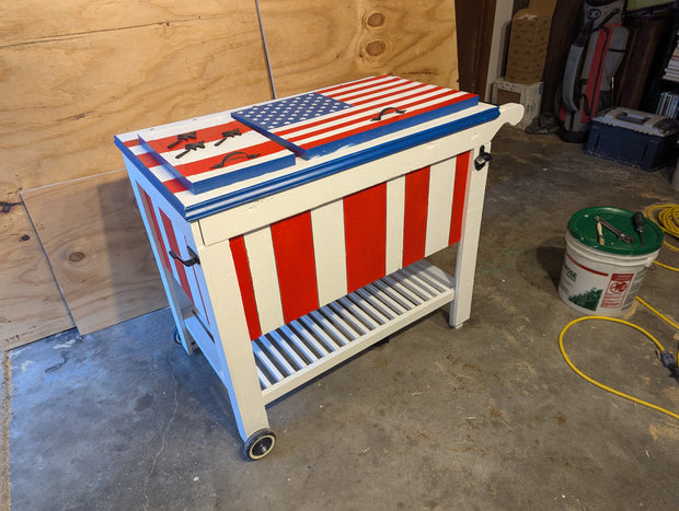 Cooler box all American with wheels bottle opener and towel hook