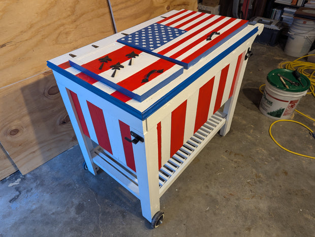 Cooler box all American with wheels bottle opener and towel hook