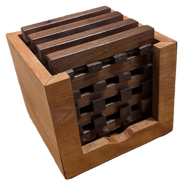 Trivets, Set of five walnut wood trivets in a pallet design nicely finished with a cherry box for storing