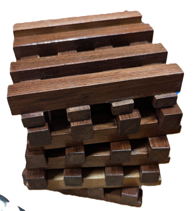 Trivets, Set of five walnut wood trivets in a pallet design nicely finished with a cherry box for storing