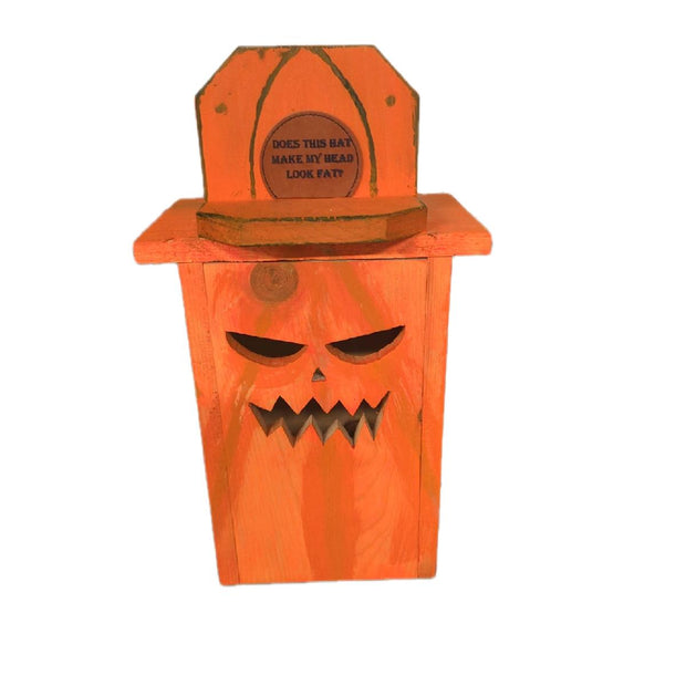 Pumpkin box with baseball cap 16 inches tall. Orange and spooky